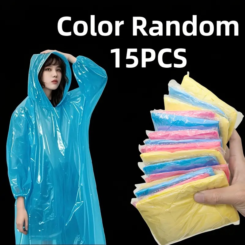 Emergency Poncho Rain - 15/30개입 무작위 색상의 일회용 투명 성인용